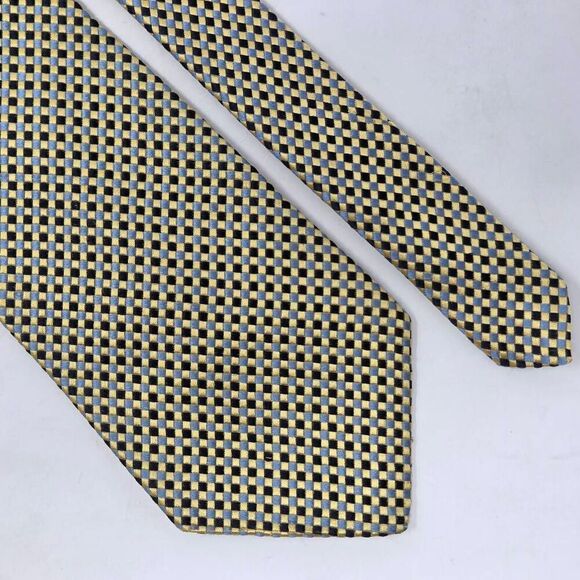 THE BROADMOOR SILK TIE NAVY BLUE YELLOW SATIN WOVEN SQUARES 4" X 57" - Picture 1 of 3